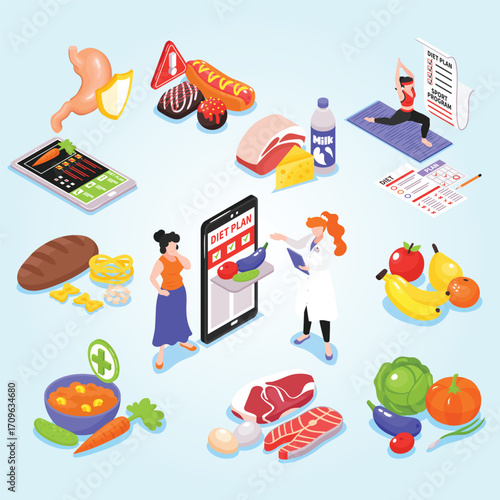 Isometric Diet Plan Illustration With Doctor and Food Suggestions for Healthy Lifestyle