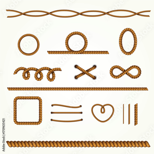 Realistic Brown Rope Design Element with Various Shapes and Decoration