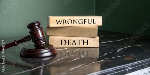Symbolic representation of wrongful death legal proceedings with a gavel and wooden blocks displaying text