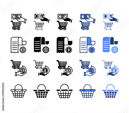 Cash, Receipt, Money back, Shopping basket, multiple style icon set.