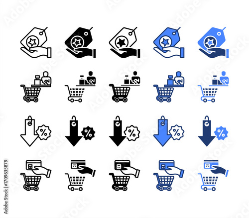 Brand, Cashier, Discount, Payment, multiple style icon set.