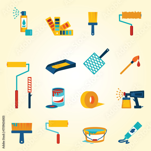 Flat Design Painting and Decoration Tool Collection for Home Improvement Project