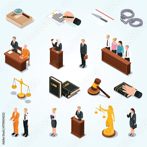 Isometric Illustration of Law and Justice System with Legal Process Items