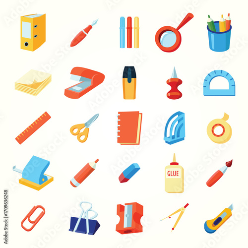 Colorful Flat Style Various School and Office Supply Stationery Icon Set