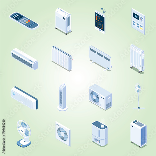 Isometric Detailed Air Conditioning Heating Appliances Collection Home Comfort Equipment