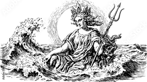 Vintage engraving illustration of a goddess in ocean waves with a trident. Detailed line drawing set showcasing classical mythology and ocean elements.
