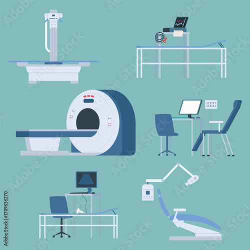 Flat Style Detailed Medical Equipment and Examination Tools Illustration