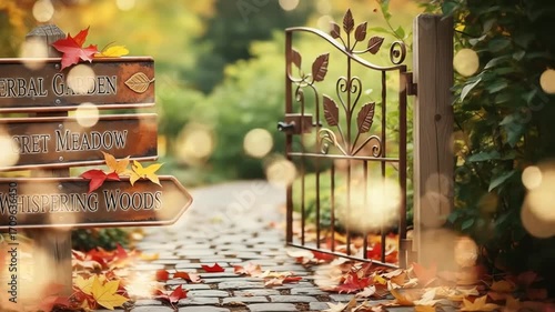 General People & Lifestyle Autumn Leaves Falling Near Garden Gate and Bookshelf