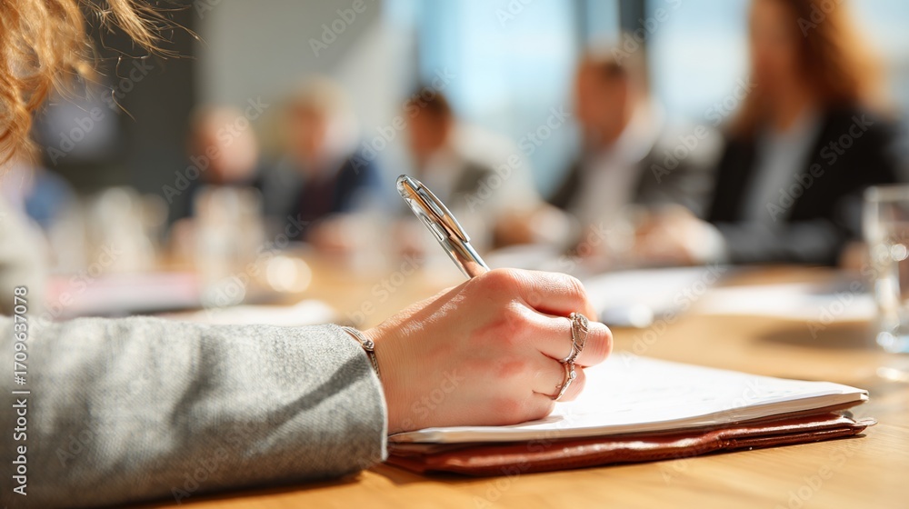 custom made wallpaper toronto digitalCloseup of woman hands writing notes during a business meeting with blurred people in the background. High quality