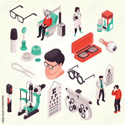 Isometric Detailed Ophthalmology Clinic Objects and Doctors Examination Illustration