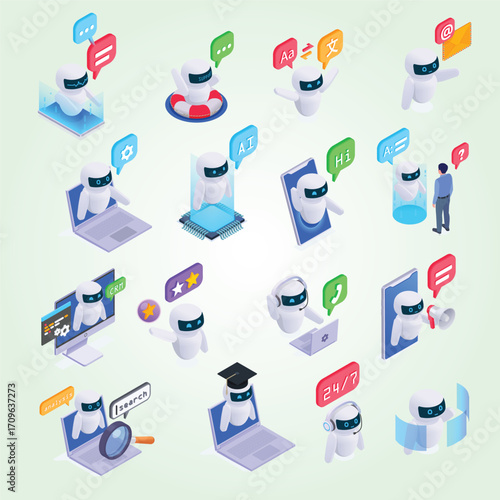 Isometric Conceptual Illustration of Digital Assistance Robots for Various Online Services