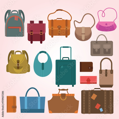 Flat Style Detailed Bags and Luggage Assortment Travel Accessories Illustration