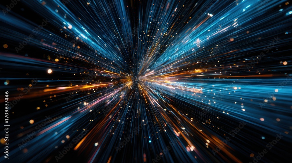 Naklejka premium Abstract hyperspace jump with blue and orange light streaks radiating from a central point in space