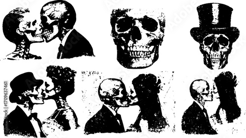 Skeletons kissing in a vintage style. Unique black and white vector illustration featuring engaging outline graphics, perfect for a gothic theme set.