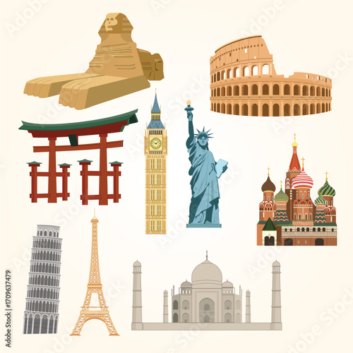 Flat Design World Famous Landmarks and Travel Destinations Illustration