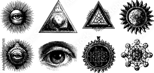 Mystical eye and sun symbols in vintage graphic style. Decorative vector illustration featuring geometric shapes and esoteric design elements in a set.