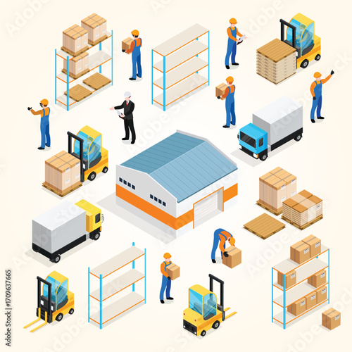 Isometric Detailed Logistics and Warehouse Operation with Worker and Equipment Illustration