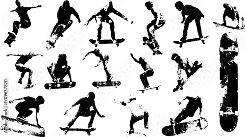 Skateboarding silhouettes showcasing dynamic movements. Vintage line drawing vector illustration set on a black and white background.