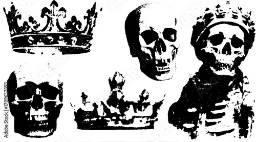 Crown and skull illustrations in vintage engraving style. These black and white vector illustrations showcase detailed line art in a cohesive set.