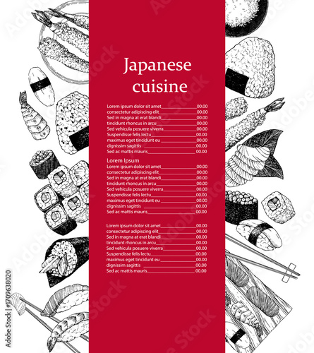 Japanese Restaurant Menu. Hand-drawn illustration of dishes and products. Ink. Vector