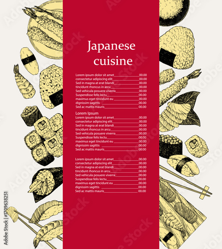 Japanese Restaurant Menu. Hand-drawn illustration of dishes and products. Ink. Vector