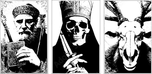 Skeleton king and reaper portraits in black and white. Detailed vector illustrations set, showcasing unique artistic design elements.