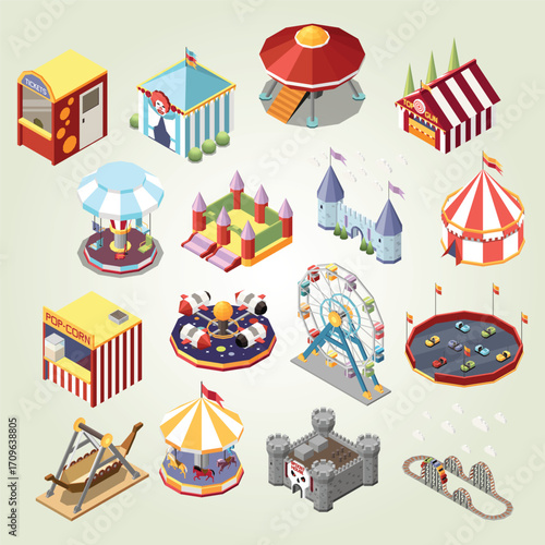 Isometric Amusement Park Icon Set Collection Colorful Detailed Illustration