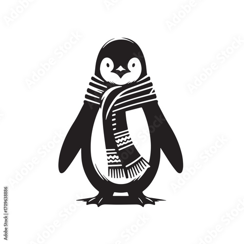 Black Penguin with Scarf Silhouette Vector Illustration design, Solid White Background