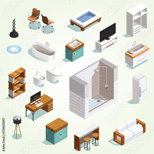 Isometric Decorative Furniture Set for Interior Design of Living Space