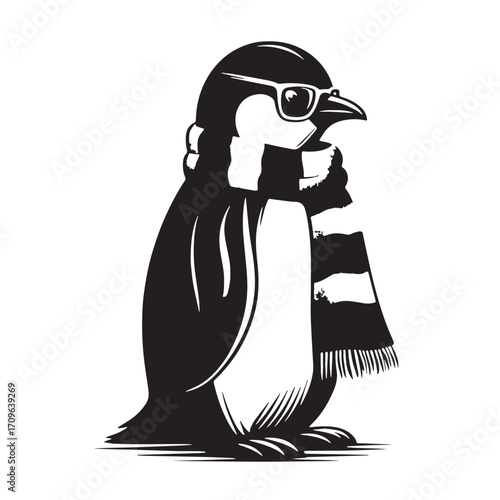 Black Penguin with Scarf Silhouette Vector Illustration design, Solid White Background