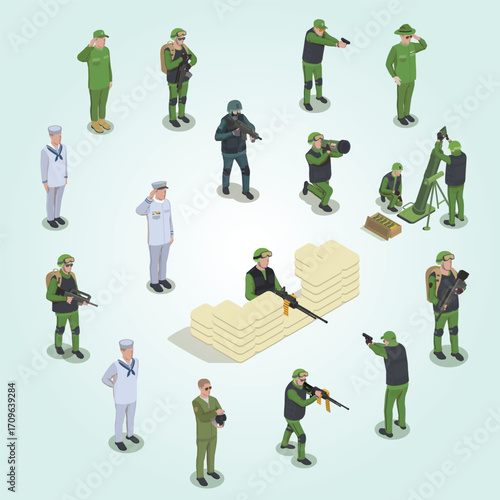 Isometric Detailed Military Personnel Different Activities and Uniforms Army Forces