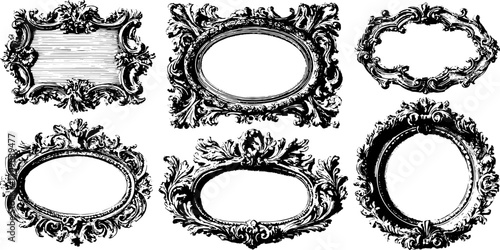 Ornate decorative frames in vintage style. Elegant black and white vector illustration set for art display or interior design.