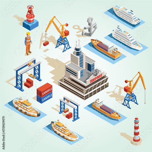 Isometric Detailed Seaport Transportation and Logistics Elements Illustration with Containers