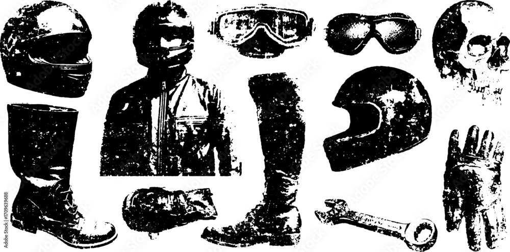 Naklejka premium Motorcycle gear illustration featuring a helmet, boots, gloves, sunglasses, skull, jacket, and wrench in a black vector art set.