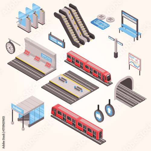 Isometric Detailed Subway Station Elements and Train Illustration Set
