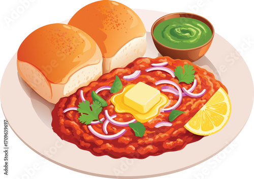 Illustration of Pav Bhaji with Lemon and Onions