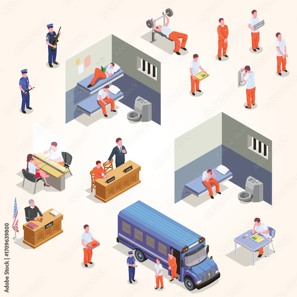 Obraz premium Isometric Detailed Prison Life Scene Illustration with Inmates and Personnel