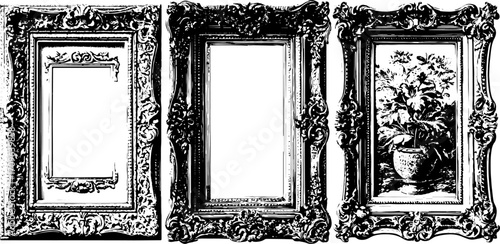 Frames for art in vintage and ornate design. Decorative borders create empty spaces, ideal for display in a gallery. Vector illustration set.