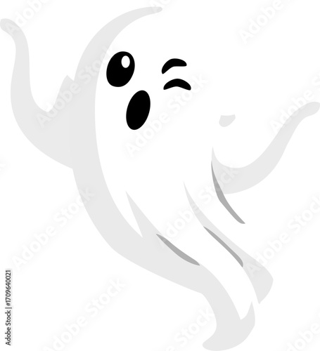 Playful ghost icon winking one eye and waving arms perfect for Halloween party decoration