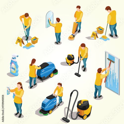 Isometric Detailed Cleaning Service Staff and Equipment Various Poses Illustration
