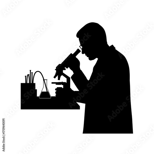 Silhouette of a scientist examining a specimen under a microscope in a laboratory setting
