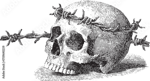 Skull pierced by barbed wire in a vintage engraving. Black and white monochrome vector illustration with detailed line art.