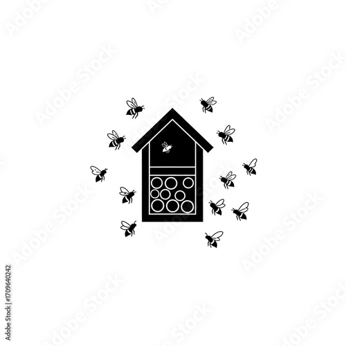 Beehive with flying bees simple silhouette design apiary insect nature wildlife agriculture farm animal