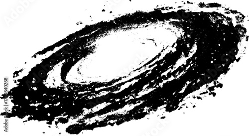 Vintage galaxy illustration in black and white. Engraving style line drawing with abstract cosmos pattern, featuring a vector design.