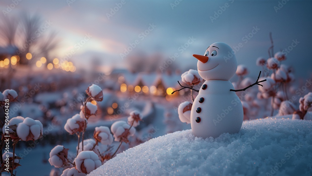 Obraz premium Standing snowman raising twig arms on snowy mound surrounded by frosted plants at dusk, copy space