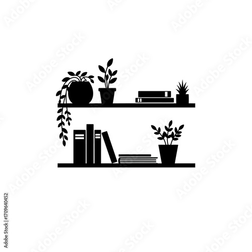 Minimalist silhouette of books and plants on shelves for home decor and interior design