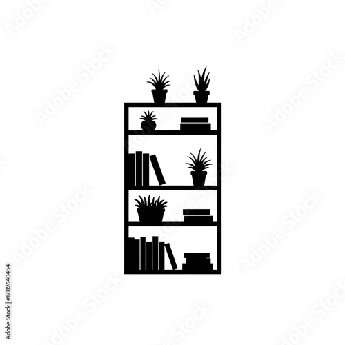 Modern black silhouette bookshelf with potted plants displaying knowledge and home decor