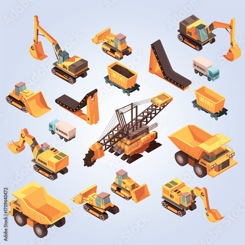 Isometric Style Different Mining Vehicle Equipment Machinery Illustration Set