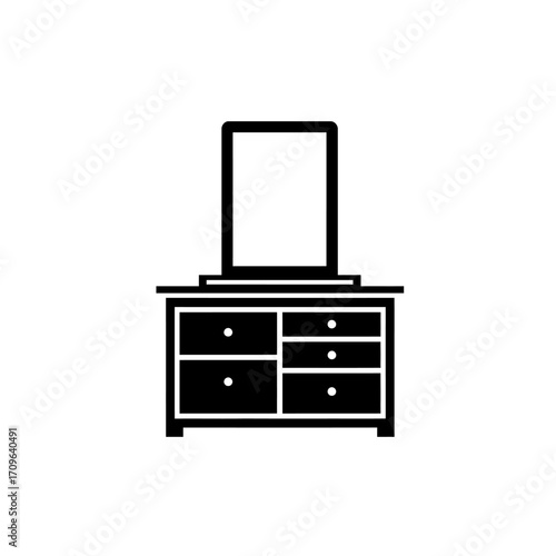 Modern bedroom dresser with mirror simple line art icon furniture design element