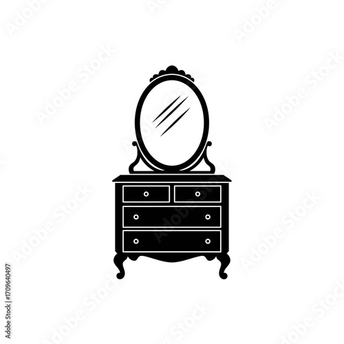 Elegant antique dresser with ornate oval mirror and decorative drawer pulls adds vintage charm